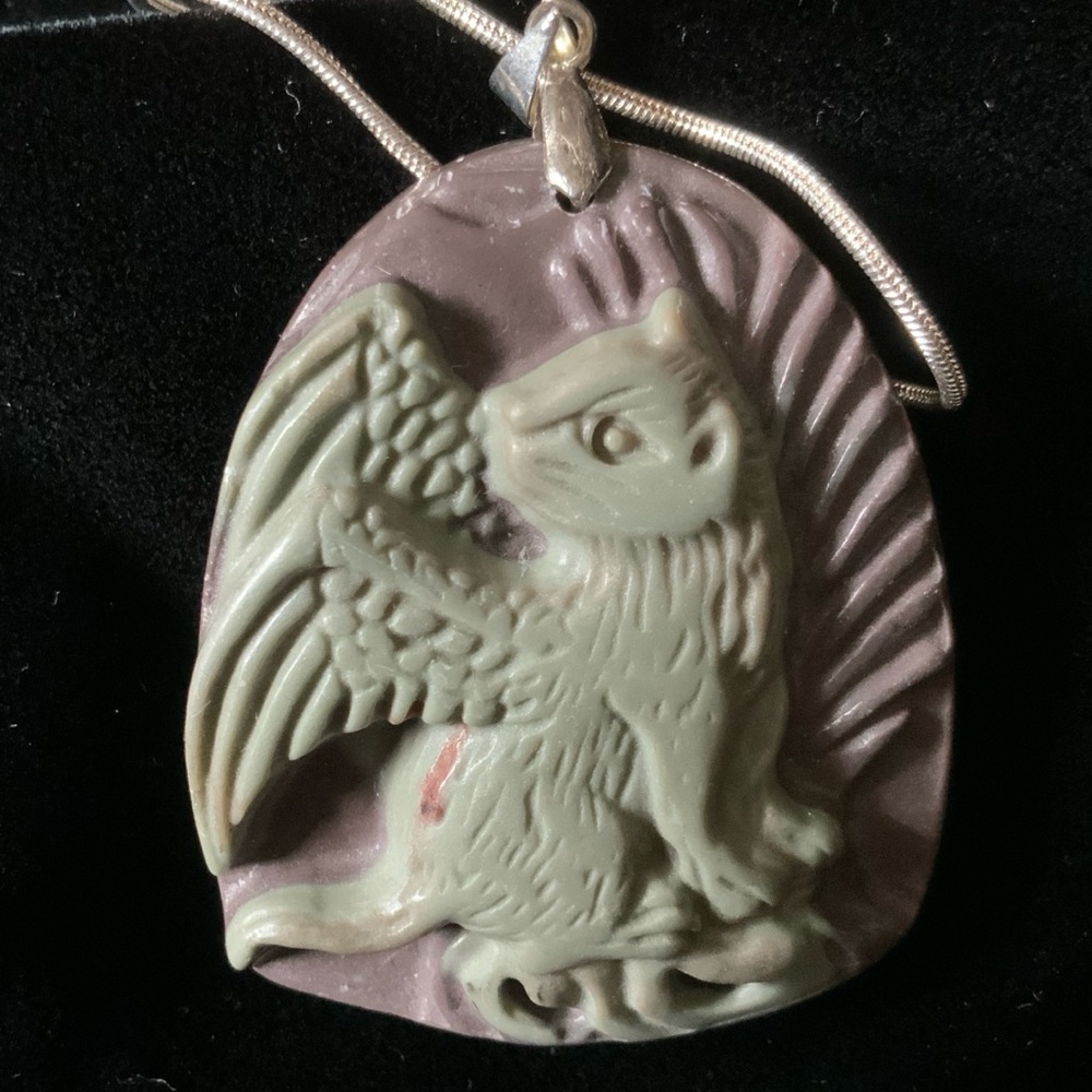Carved Stone Angel Kitty Cat Cameo Art 925 Chain
